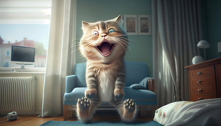 Happy cat, Surprised face, Wow expression cat funny face with open mouth. Cute ginger Cat Emotional surprised wide big eye and saying wow, admiring look, Meow wow. Generative AI, illustrationの素材