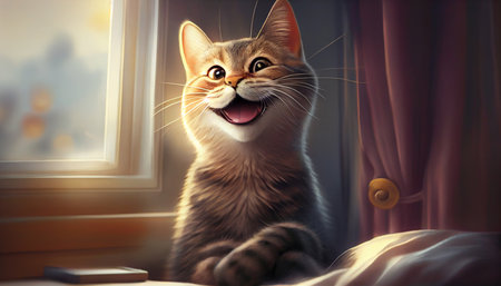 Happy cat, Surprised face, Wow expression cat funny face with open mouth. Cute ginger Cat Emotional surprised wide big eye and saying wow, admiring look, Meow wow. Generative AI, illustrationの素材