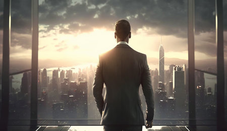 Rear view of businessman joy at success on the roof of a high-rise building in the midst of a big cityscape. businessman successful concept. AI Generative, illustrationの素材