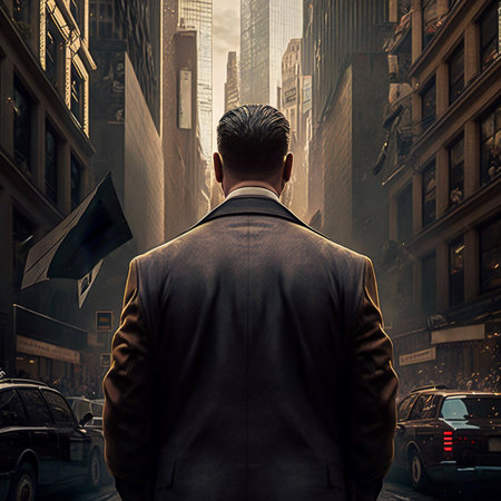 Rear view of businessman joy at success on the roof of a high-rise building in the midst of a big cityscape. businessman successful concept. AI Generative, illustrationの素材