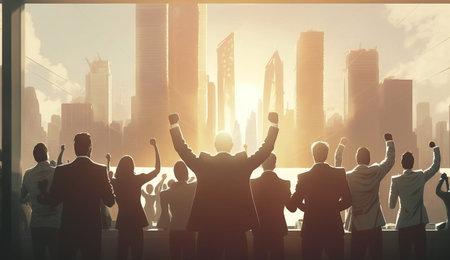 Rear view of businessman joy at success on the roof of a high-rise building in the midst of a big cityscape. businessman successful concept. AI Generative, illustrationの素材