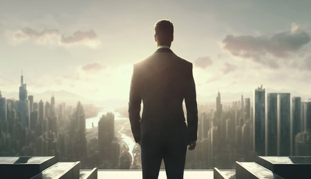 Rear view of businessman joy at success on the roof of a high-rise building in the midst of a big cityscape. businessman successful concept. AI Generative, illustrationの素材