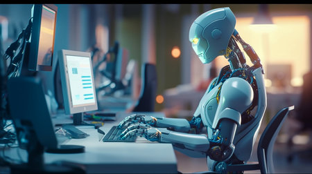 machine AI bot working with people in the office and production for industrial revolution and automation manufacturing process. humanoid AI robots, unemployment. Generative AI, illustrationの素材