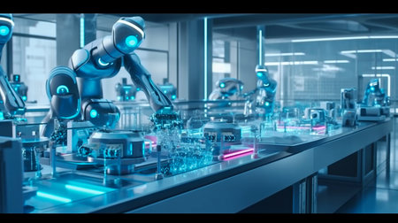 machine AI bot working with people in the office and production for industrial revolution and automation manufacturing process. humanoid AI robots, unemployment. Generative AI, illustrationの素材