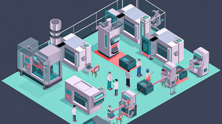 machine AI bot working with people in the office and production for industrial revolution and automation manufacturing process. humanoid AI robots, unemployment. Generative AI, illustrationの素材