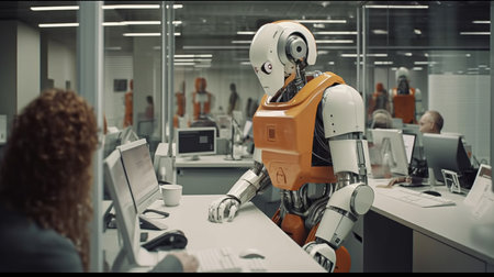 machine AI bot working with people in the office and production for industrial revolution and automation manufacturing process. humanoid AI robots, unemployment. Generative AI, illustrationの素材