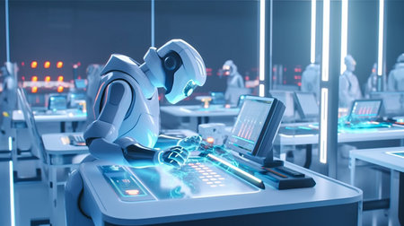 machine AI bot working with people in the office and production for industrial revolution and automation manufacturing process. humanoid AI robots, unemployment. Generative AI, illustrationの素材