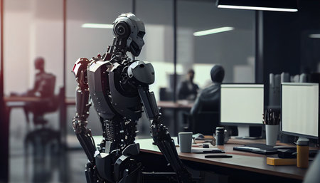 machine AI bot working with people in the office and production for industrial revolution and automation manufacturing process. humanoid AI robots, unemployment. Generative AI, illustrationの素材