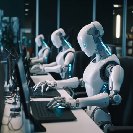 machine AI bot working with people in the office and production for industrial revolution and automation manufacturing process. humanoid AI robots, unemployment. Generative AI, illustrationの素材