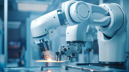 machine AI bot working with people in the office and production for industrial revolution and automation manufacturing process. humanoid AI robots, unemployment. Generative AI, illustrationの素材