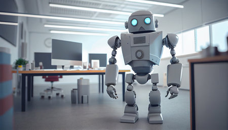 machine AI bot working with people in the office and production for industrial revolution and automation manufacturing process. humanoid AI robots, unemployment. Generative AI, illustrationの素材