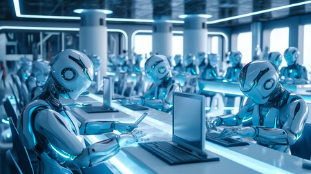 machine AI bot working with people in the office and production for industrial revolution and automation manufacturing process. humanoid AI robots, unemployment. Generative AI, illustrationの素材