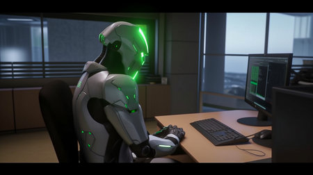 machine AI bot working with people in the office and production for industrial revolution and automation manufacturing process. humanoid AI robots, unemployment. Generative AI, illustrationの素材