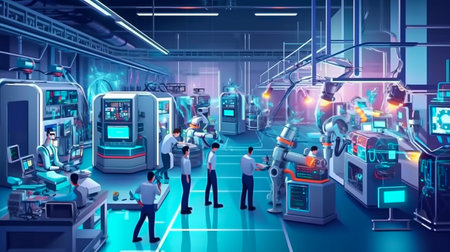 machine AI bot working with people in the office and production for industrial revolution and automation manufacturing process. humanoid AI robots, unemployment. Generative AI, illustrationの素材