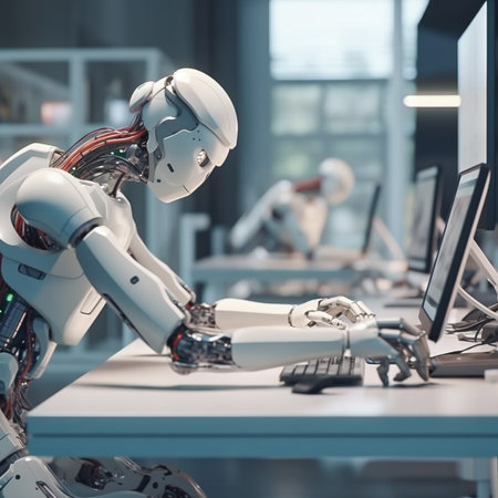 machine AI bot working with people in the office and production for industrial revolution and automation manufacturing process. humanoid AI robots, unemployment. Generative AI, illustrationの素材