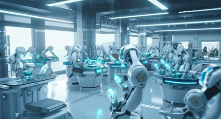 Blured Background machine AI bot working in the office for industrial revolution and automation manufacturing process. humanoid AI robots, unemployment. Generative AI, illustrationの素材