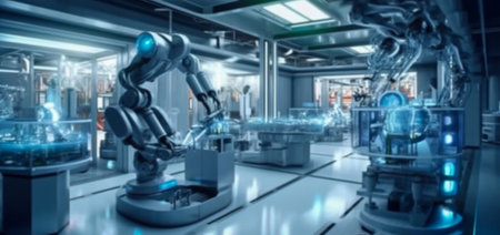 Blured Background machine AI bot working in the office for industrial revolution and automation manufacturing process. humanoid AI robots, unemployment. Generative AI, illustrationの素材