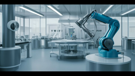 Blured Background machine AI bot working in the office for industrial revolution and automation manufacturing process. humanoid AI robots, unemployment. Generative AI, illustrationの素材