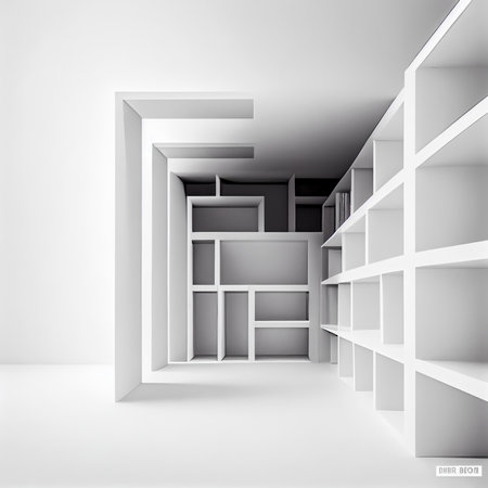 Soft focus shelves and Key cabinet locks. White wooden shelves bookcase. Abstract blurred empty college library interior space. Generative AI, illustrationの素材