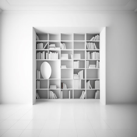 Soft focus shelves and Key cabinet locks. White wooden shelves bookcase. Abstract blurred empty college library interior space. Generative AI, illustrationの素材