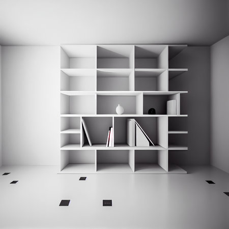 Soft focus shelves and Key cabinet locks. White wooden shelves bookcase. Abstract blurred empty college library interior space. Generative AI, illustrationの素材