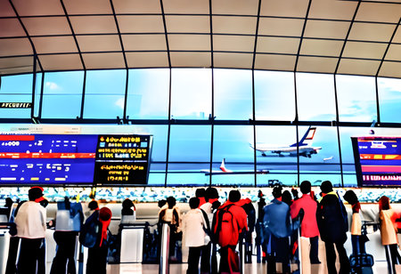 Blurred background tourists looking for the check in aircraft in international airport terminal waiting for fligh. airport terminal waiting fligh concept. Generative AI, illustrationの素材