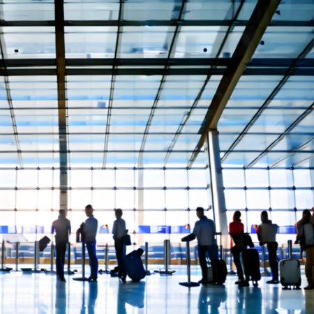 Blurred background tourists looking for the check in aircraft in international airport terminal waiting for fligh. airport terminal waiting fligh concept. Generative AI, illustrationの素材