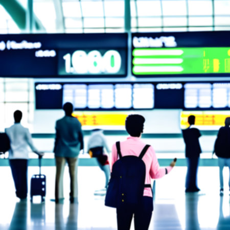 Blurred background tourists looking for the check in aircraft in international airport terminal waiting for fligh. airport terminal waiting fligh concept. Generative AI, illustrationの素材