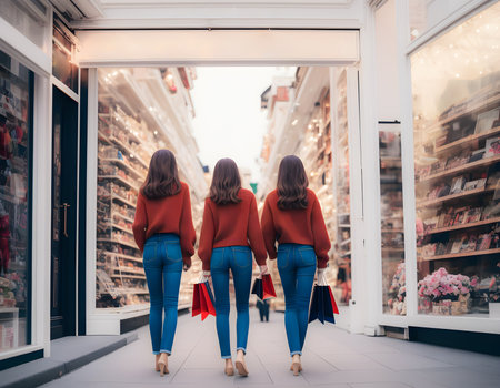 Women and girls with shopping bags enjoying are shopping happily in luxury shopping malls. Happy emotions about shopping sales propositions. Consumerism, lifestyle concept. Generative AI, illustrationの素材