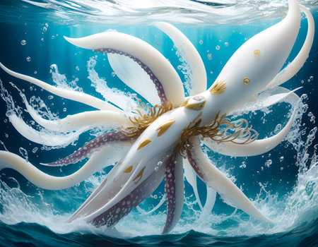 The concept of fresh octopus from the ocean. explosion splash full squid are falling into the water, close up squid and water. Generative AI, illustrationの素材