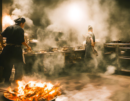 A hot wok with chef in a Chinese kitchen. back view of the chef, Chinese food being cooked in a wok on fire in the Chinese kitchen style. Generative AI, illustrationの素材