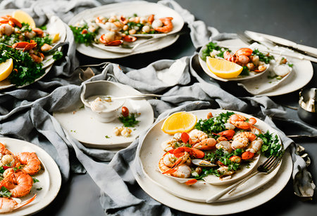 Fresh Mixed seafood on table, with a black background. Appetizing seafood on the table in a luxurious restaurant. Delicious fresh from the ocean gourmet dinner. Generative AI, illustrationの素材