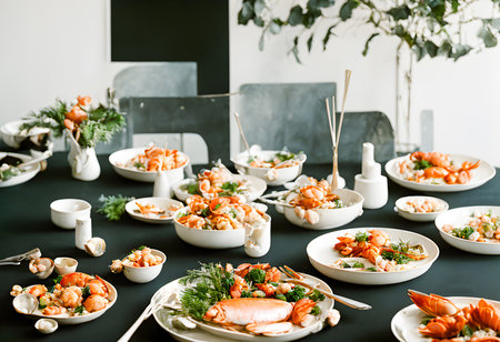 Fresh Mixed seafood on table, with a black background. Appetizing seafood on the table in a luxurious restaurant. Delicious fresh from the ocean gourmet dinner. Generative AI, illustrationの素材