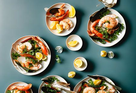 Fresh Mixed seafood on table, with a black background. Appetizing seafood on the table in a luxurious restaurant. Delicious fresh from the ocean gourmet dinner. Generative AI, illustrationの素材