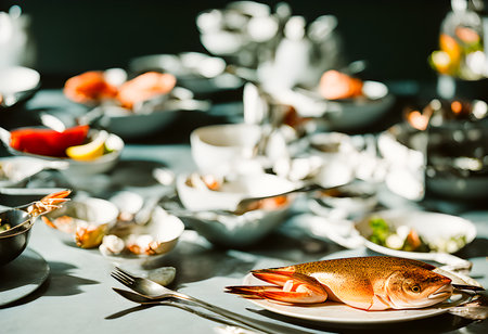 Fresh Mixed seafood on table, with a black background. Appetizing seafood on the table in a luxurious restaurant. Delicious fresh from the ocean gourmet dinner. Generative AI, illustrationの素材