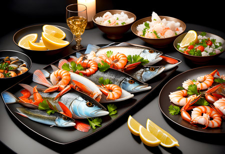 Fresh Mixed seafood on table, with a black background. Appetizing seafood on the table in a luxurious restaurant. Delicious fresh from the ocean gourmet dinner. Generative AI, illustrationの素材