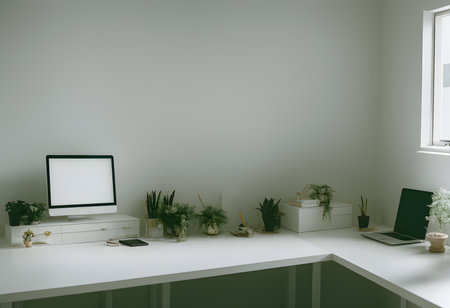 unique workplace with empty white mock up computer laptop. smart Office concept. Creative workplace empty, elegant, copy space, Generative AI, illustrationの素材