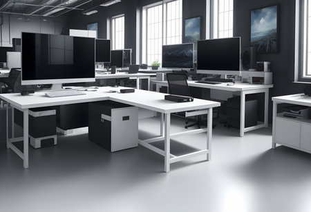 unique workplace with empty white mock up computer laptop. smart Office concept. Creative workplace empty, elegant, copy space, Generative AI, illustrationの素材