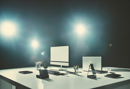 unique workplace with empty white mock up computer laptop. smart Office concept. Creative workplace empty, elegant, copy space, Generative AI, illustrationの素材