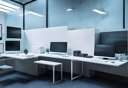 unique workplace with empty white mock up computer laptop. smart Office concept. Creative workplace empty, elegant, copy space, Generative AI, illustrationの素材