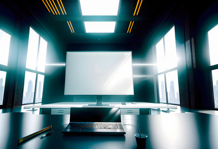 unique workplace with empty white mock up computer laptop. smart Office concept. Creative workplace empty, elegant, copy space, Generative AI, illustrationの素材