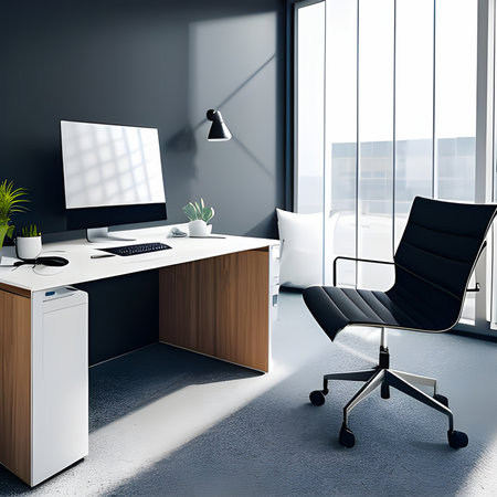 unique workplace with empty white mock up computer laptop. smart Office concept. Creative workplace empty, elegant, copy space, Generative AI, illustrationの素材