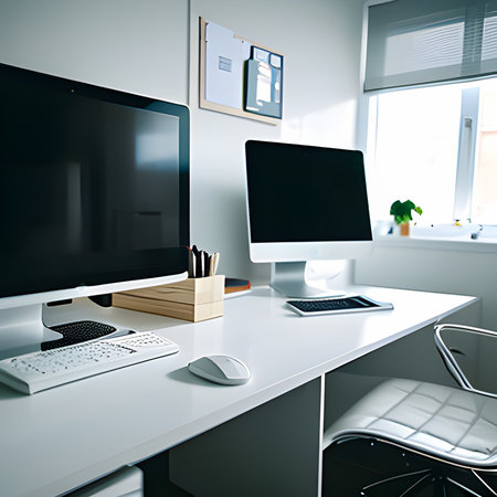 unique workplace with empty white mock up computer laptop. smart Office concept. Creative workplace empty, elegant, copy space, Generative AI, illustrationの素材
