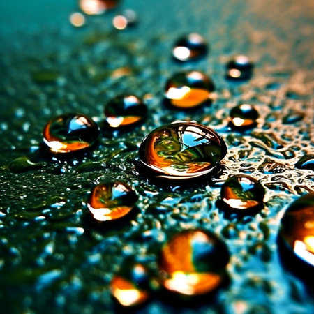 Drops of water rain on the floor. Water spilled, pure droplets condensed, vapor water bubbles. Generative AI, illustrationの素材
