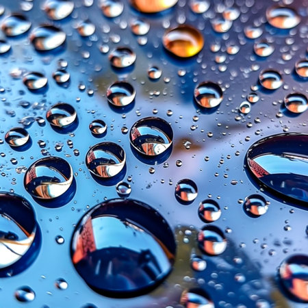 Drops of water rain on the floor. Water spilled, pure droplets condensed, vapor water bubbles. Generative AI, illustrationの素材