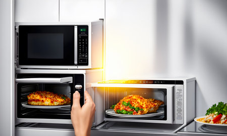 woman using are bringing food into the microwave oven at home. To reheat frozen food for their. Cooking made easy concept. Generative AI, illustrationの素材