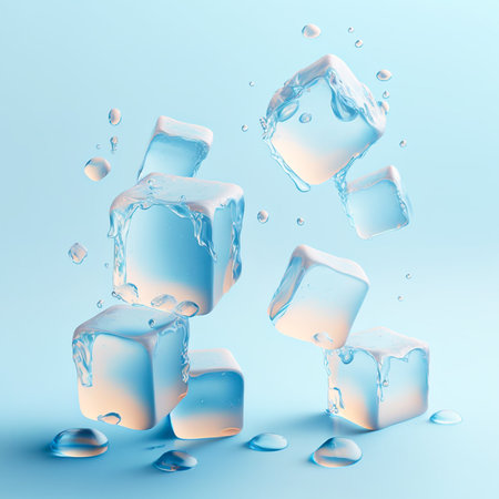 Cool cubes of ice ready to serve with various beverages. Cold square ice cubes with various beverage. Generative AI, illustrationの素材