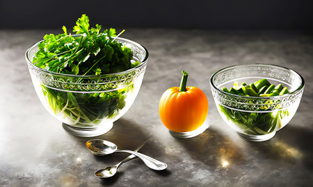 fresh vegetable Salad and fresh fruits in a clear bowl on the table. healthy food background. vegan vegetarian food. copy space creative-photography. Generative AI, illustrationの素材