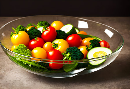 fresh vegetable Salad and fresh fruits in a clear bowl on the table. healthy food background. vegan vegetarian food. copy space creative-photography. Generative AI, illustrationの素材