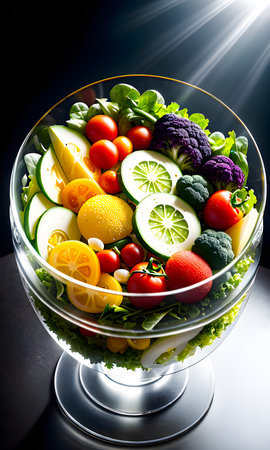 fresh vegetable Salad and fresh fruits in a clear bowl on the table. healthy food background. vegan vegetarian food. copy space creative-photography. Generative AI, illustrationの素材